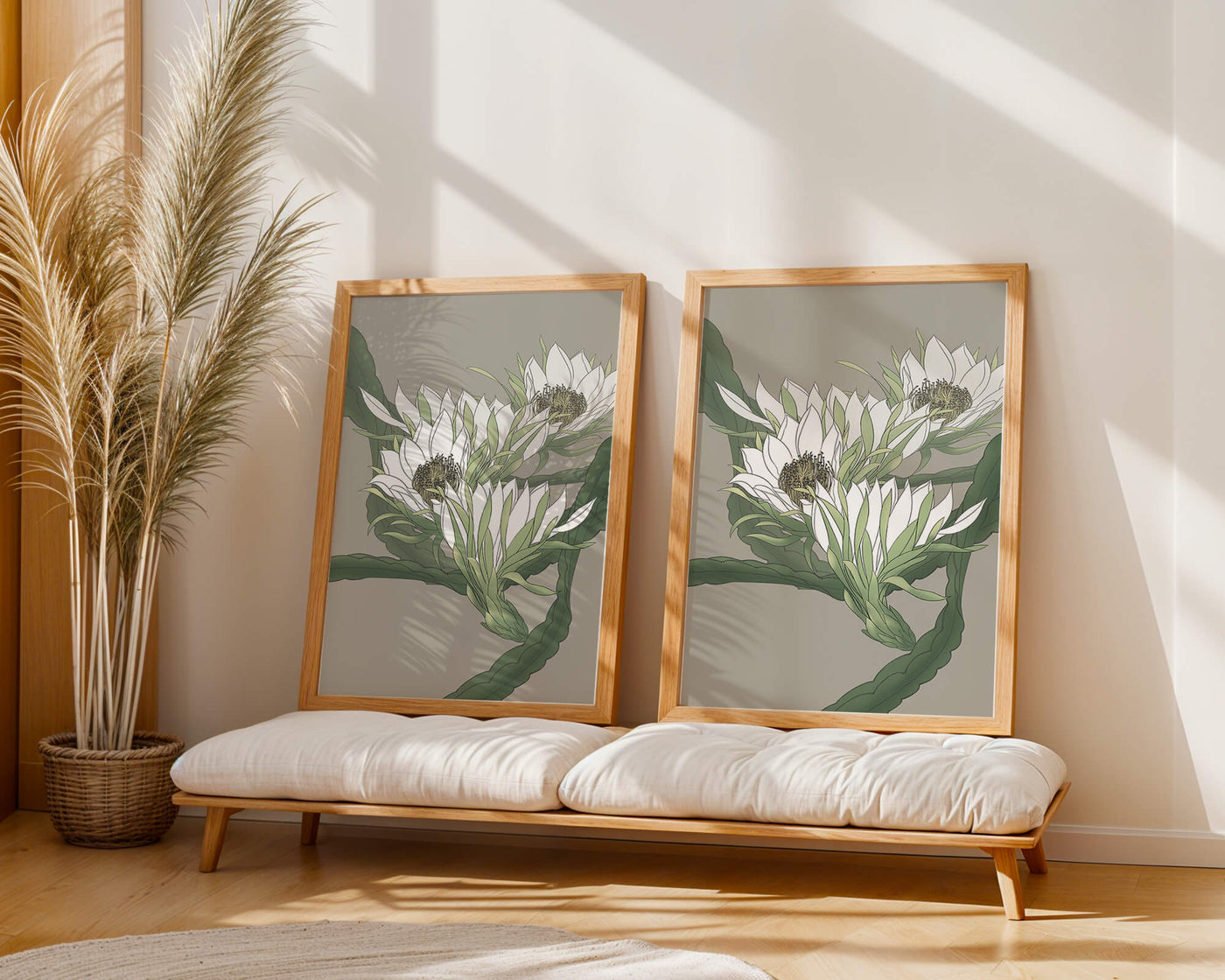 Beautiful botanical illustration of white blooming flowers with green leaves