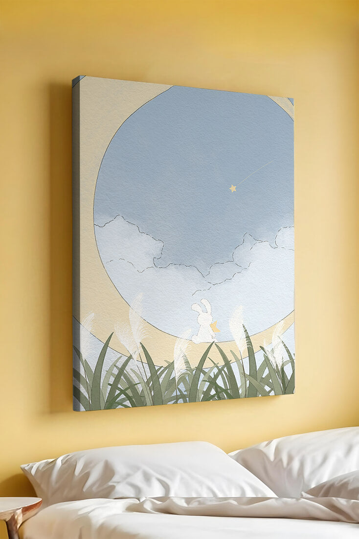 Dreamy Rabbit Sitting on Crescent Moon with Star and Clouds in Sky