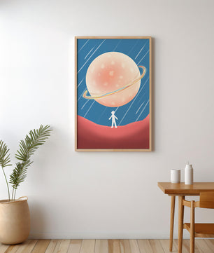 Illustration Of A Large Planet Against A Stardust Background With A Small Figure In The Foreground