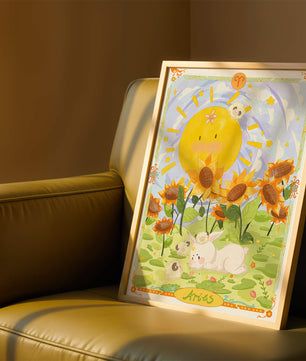 Ilustración encantadora de Aries con animales juguetones y girasoles
