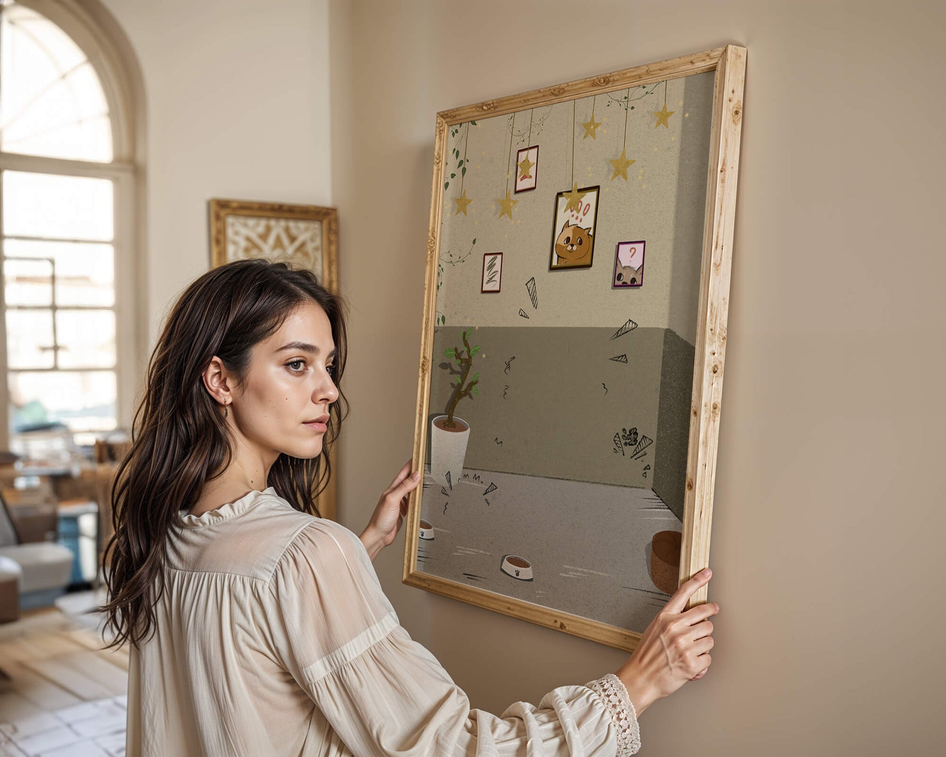 Cozy Room with Star Decorations and Cat Artwork