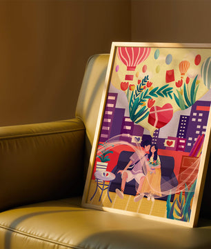 Pareja romántica en un sofá con globos aerostáticos y decoración floral en una escena al aire libre urbana