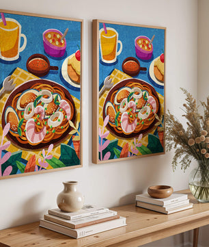 Escena ilustrativa de desayuno colorida con pasta y bebidas