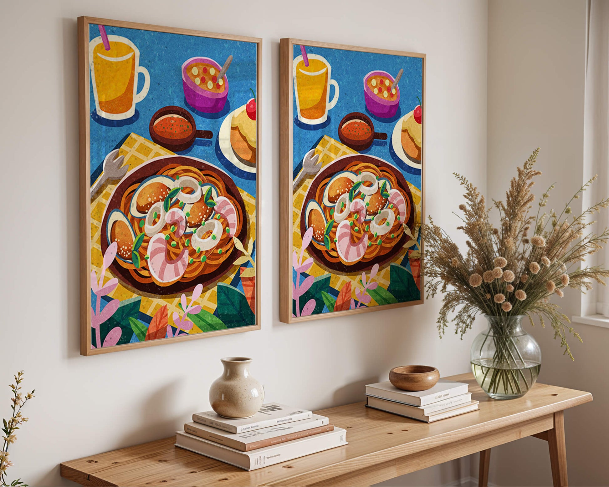 Colorful Illustrative Breakfast Scene with Pasta and Drinks