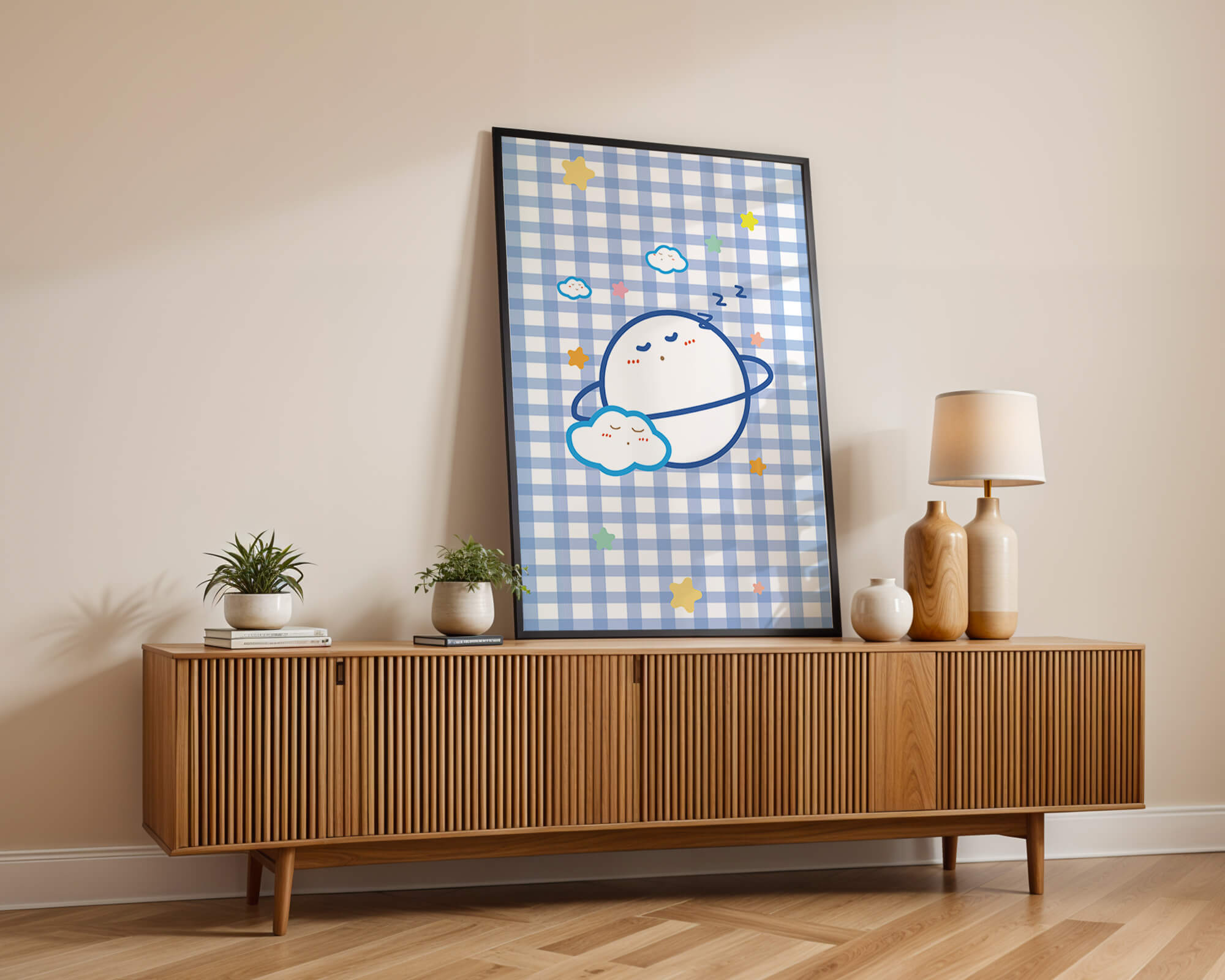 Whimsical sleep theme with planets and clouds on a checkered background