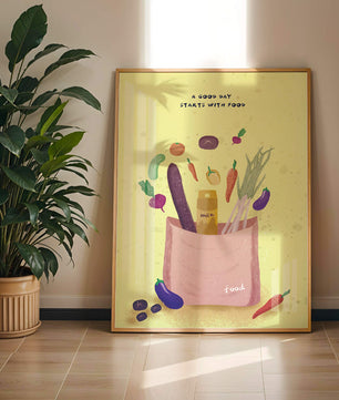 Ilustración de vegetales frescos y leche en una bolsa de comestibles