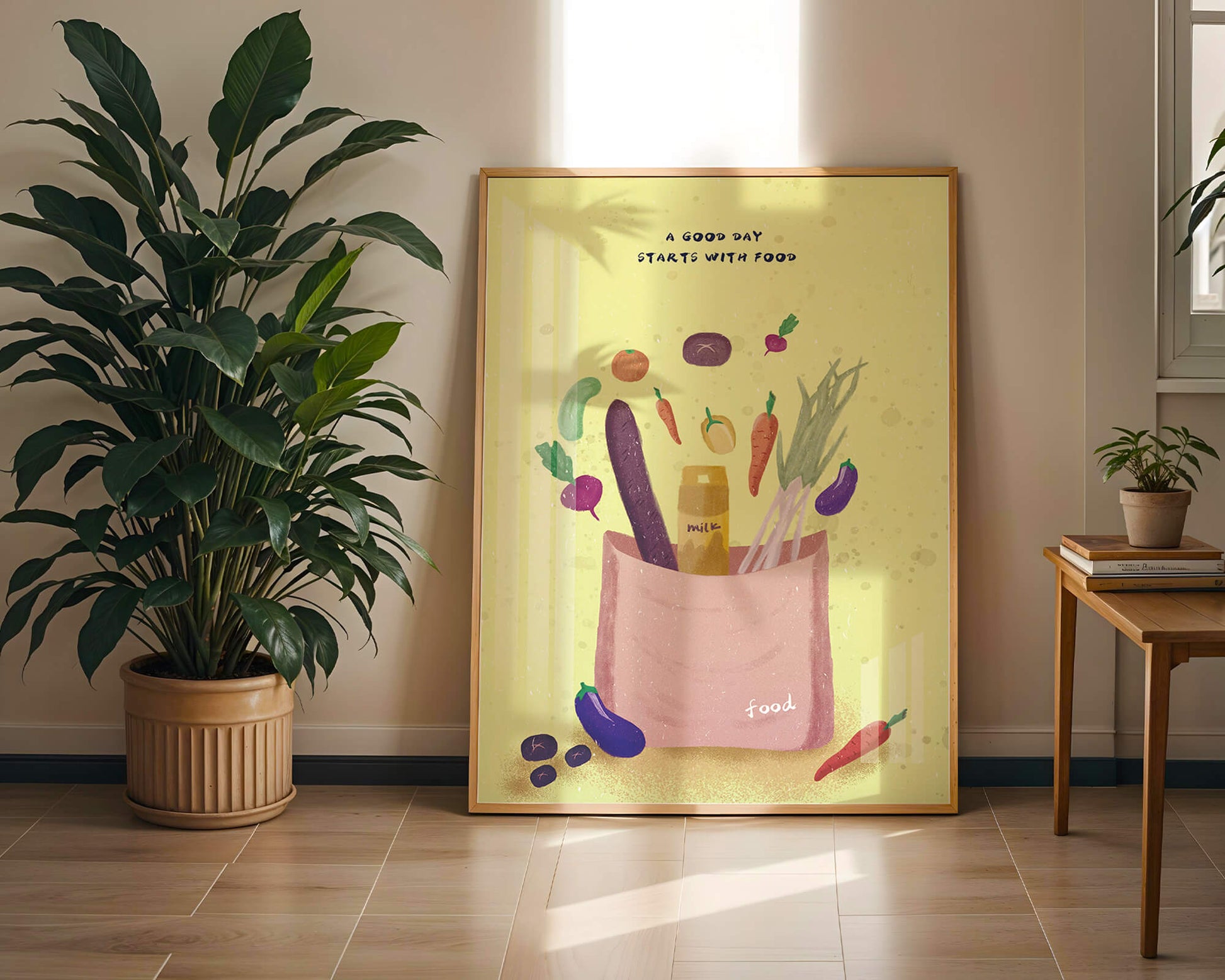Ilustración de vegetales frescos y leche en una bolsa de comestibles