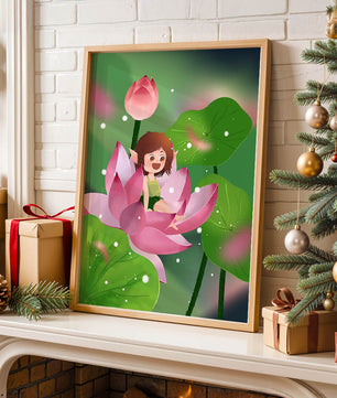 Charming fairy sitting on a blooming pink lotus in a magical garden