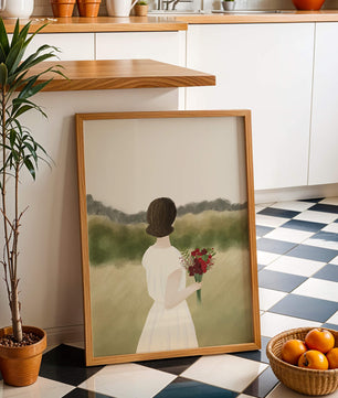 Woman in White Dress Holding Bouquet Facing Nature