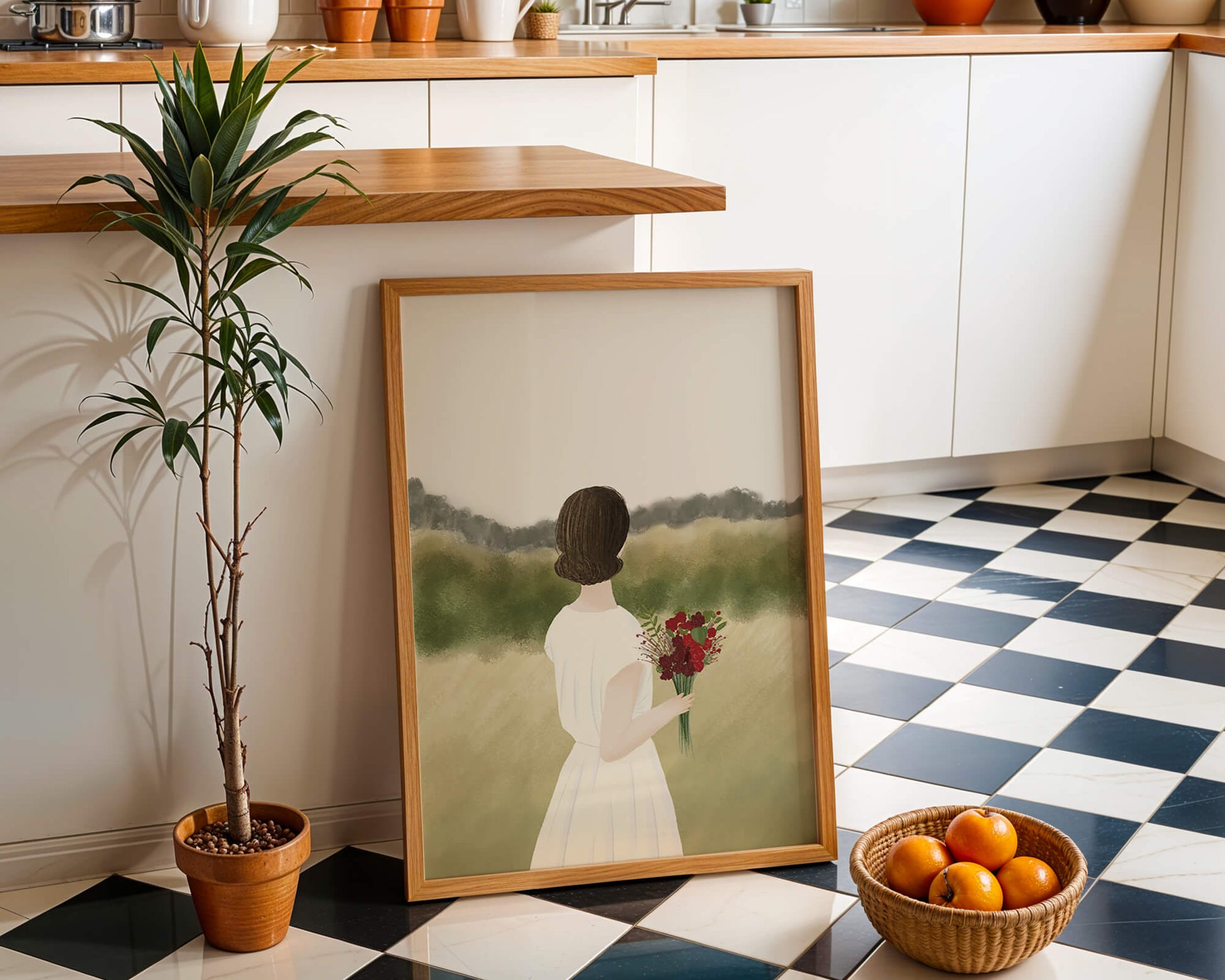 Woman in White Dress Holding Bouquet Facing Nature