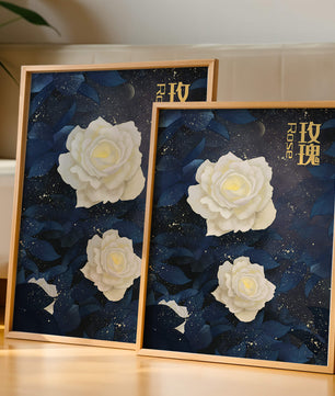 Elegant white roses on a celestial night background with deep blue leaves
