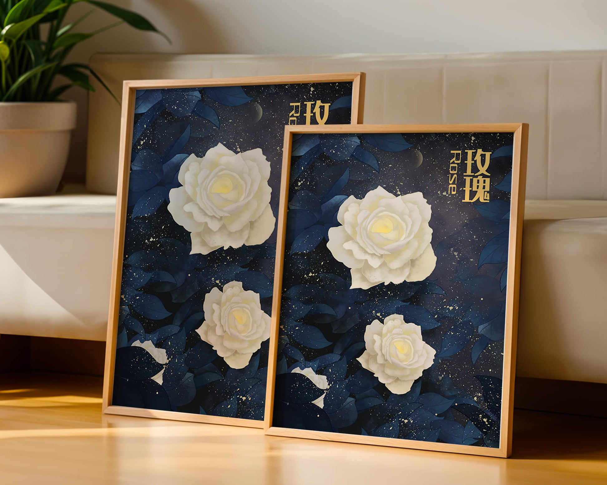 Elegant white roses on a celestial night background with deep blue leaves