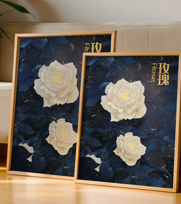 Elegant white roses on a celestial night background with deep blue leaves
