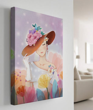 Mujer elegante con sombrero floral entre flores coloridas