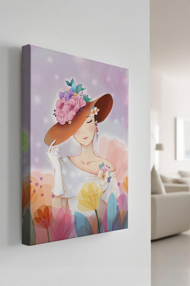 Mujer elegante con sombrero floral entre flores de colores