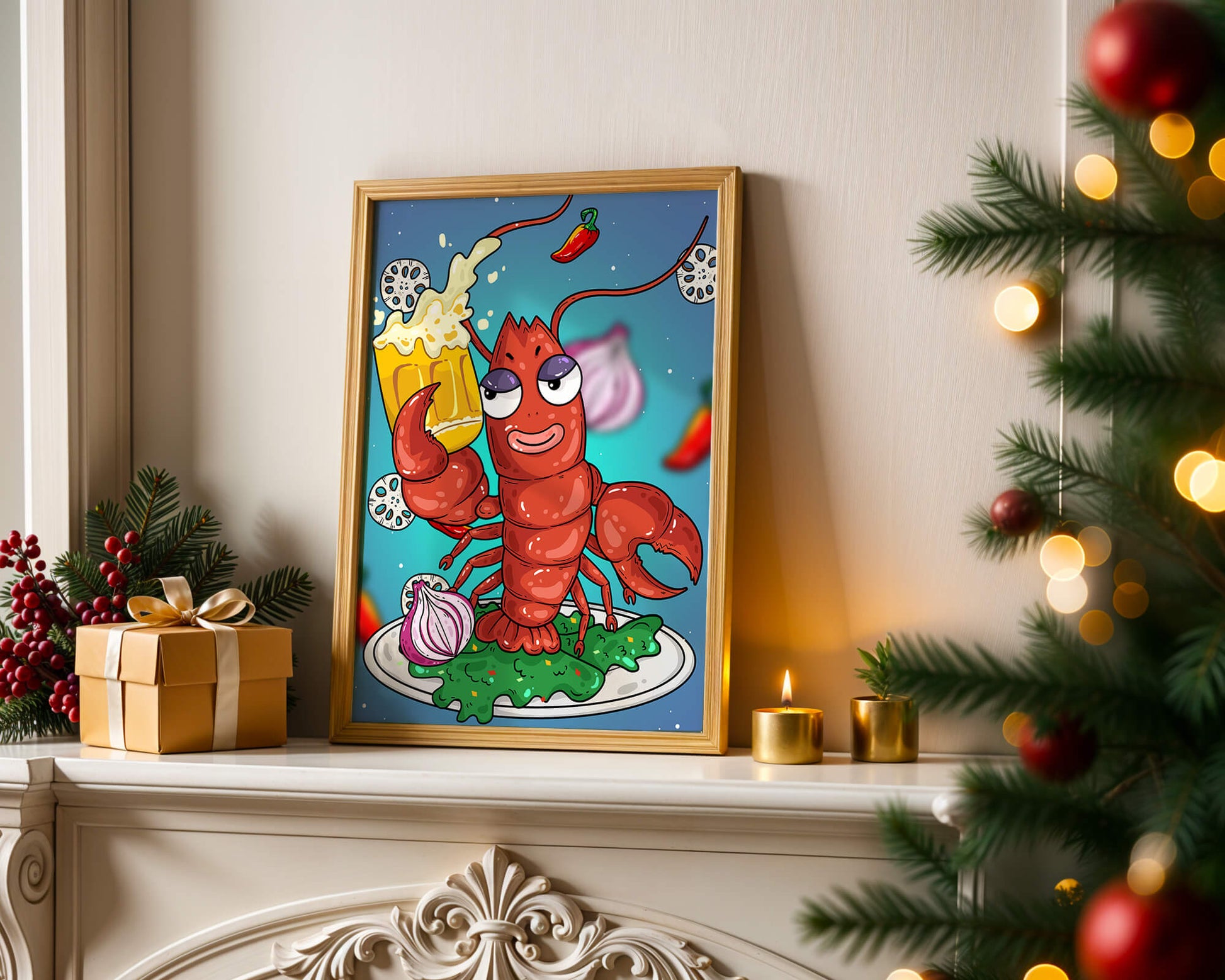 Playful cartoon lobster holding a beer in a whimsical setting