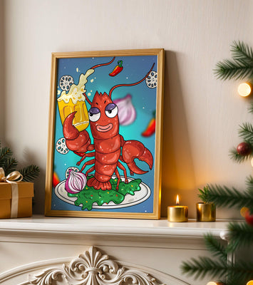 Playful cartoon lobster holding a beer in a whimsical setting