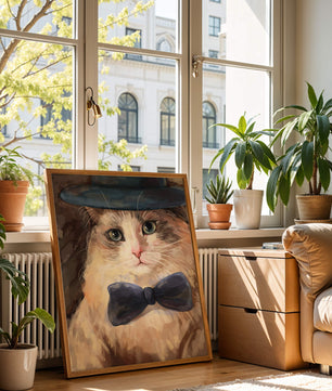 Gato encantador con traje formal, sombrero y corbata de moño