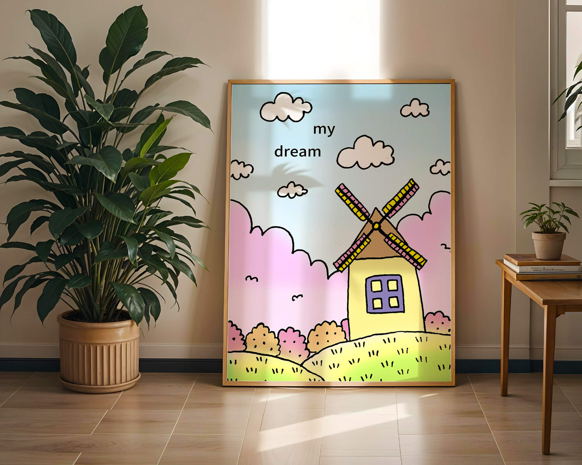Windmill in a pastel landscape with fluffy clouds and bushes