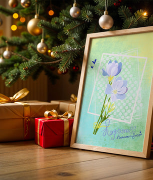 Ilustración floral delicada con colores pastel y lunares
