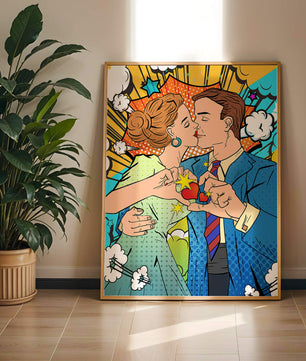 Ilustración de estilo pop art romántico de una pareja besándose con elementos cómicos