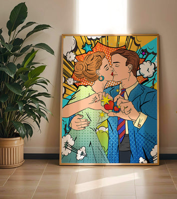 Romantic Pop Art Style Illustration of a Couple Kissing with Comic Elements
