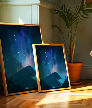 Paisaje montañoso sereno con auroras boreales y bosque oscuro