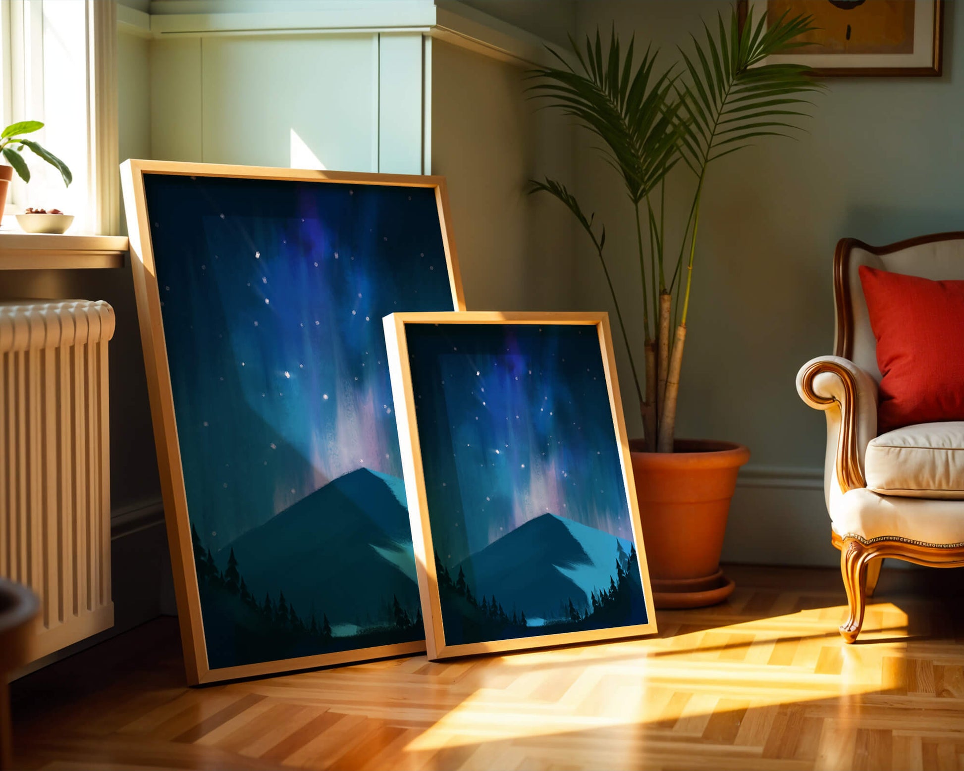 Paisaje montañoso sereno con auroras boreales y bosque oscuro