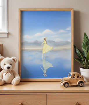 Woman in yellow dress standing on reflective water against clear sky