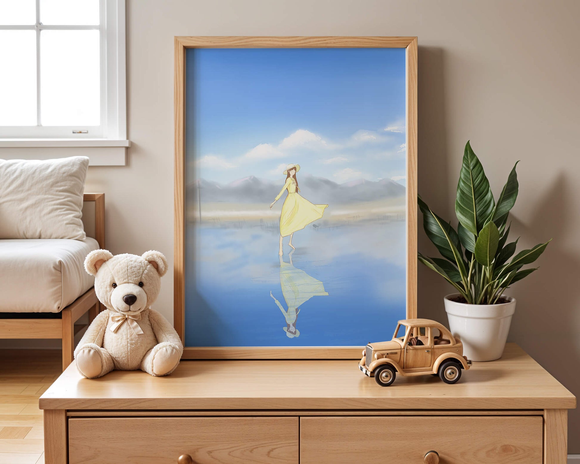 Woman in yellow dress standing on reflective water against clear sky