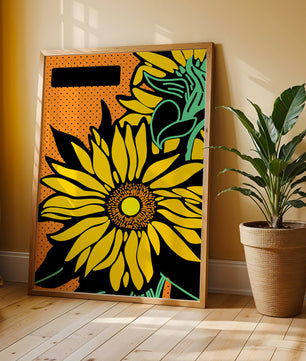 Colorful sunflower illustration with bold lines and dots