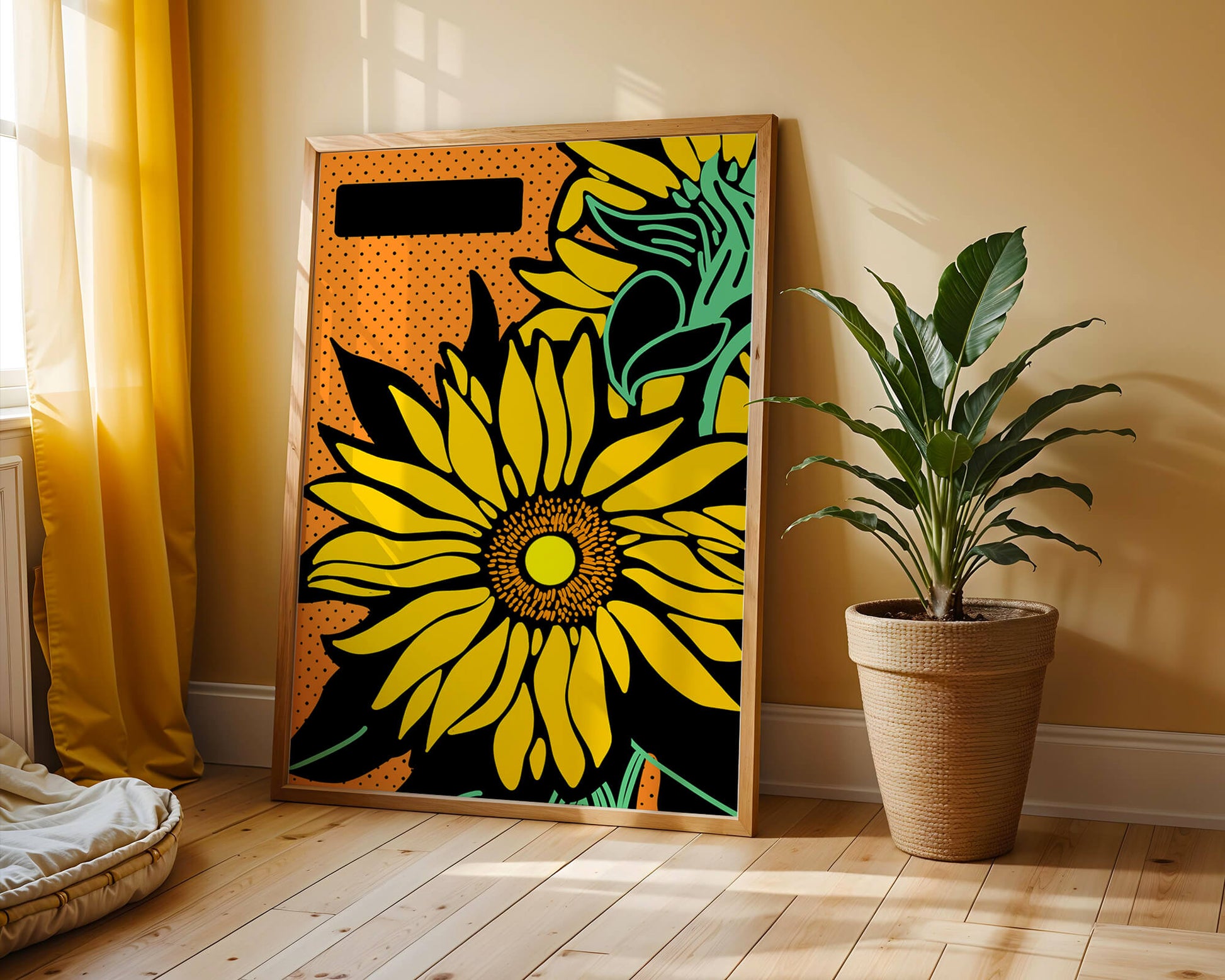 Colorful sunflower illustration with bold lines and dots