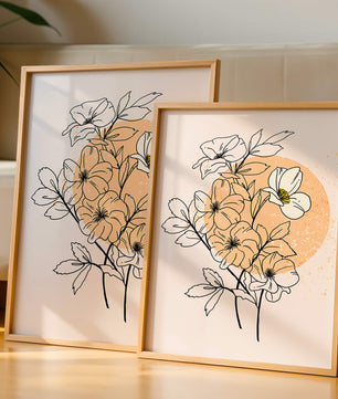 Ilustración floral minimalista con tonos pastel y fondos abstractos