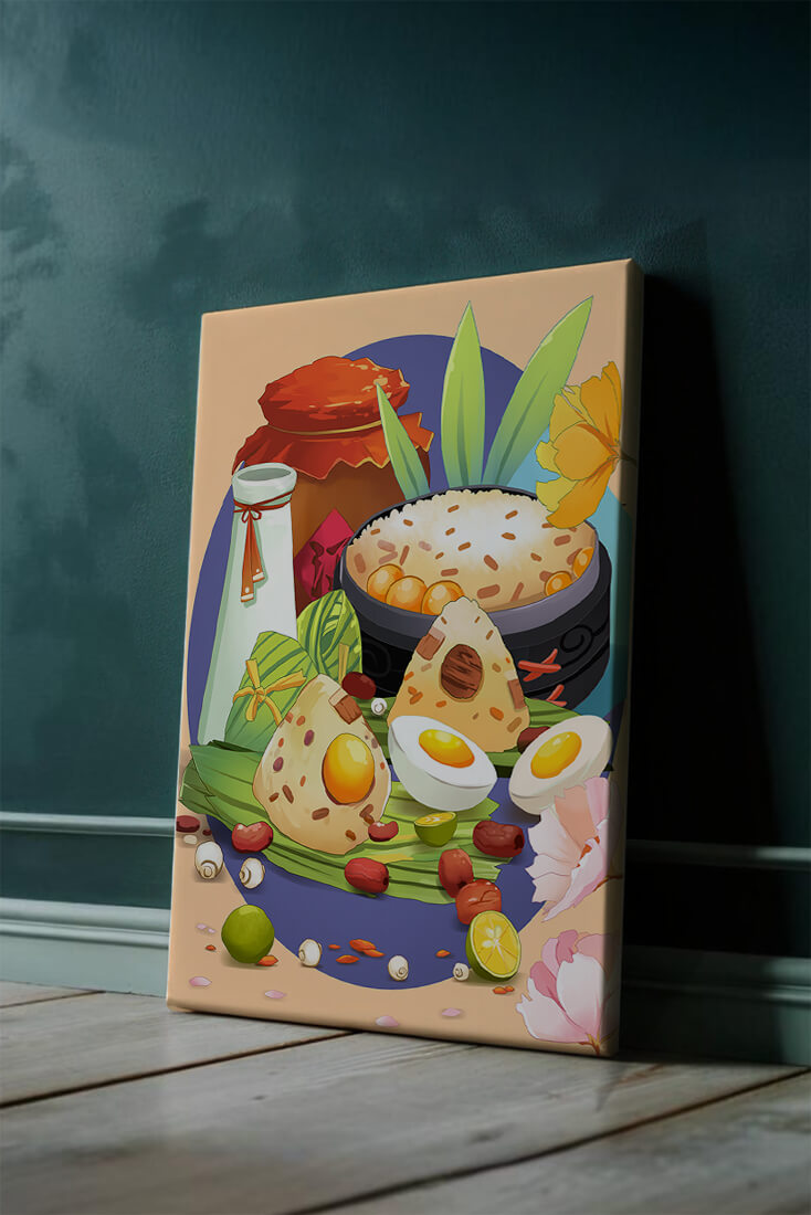Traditional Asian culinary still life with rice and eggs