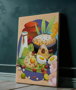 Naturaleza muerta culinaria asiática tradicional con arroz y huevos