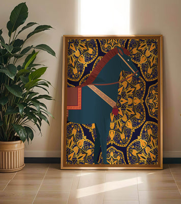 Stylized horse illustration on intricate golden pattern background
