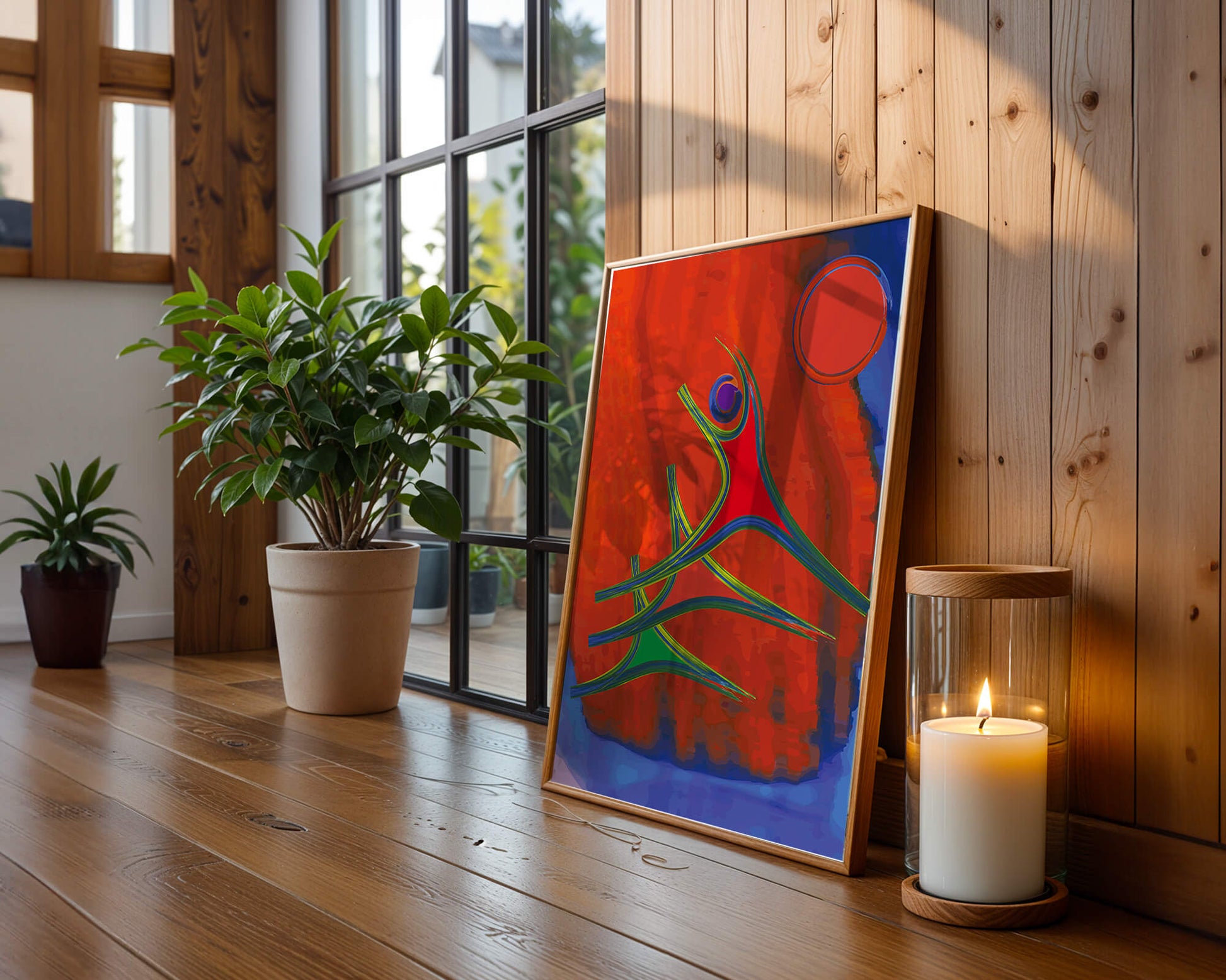 Abstract colorful artwork with dynamic figures and bold colors