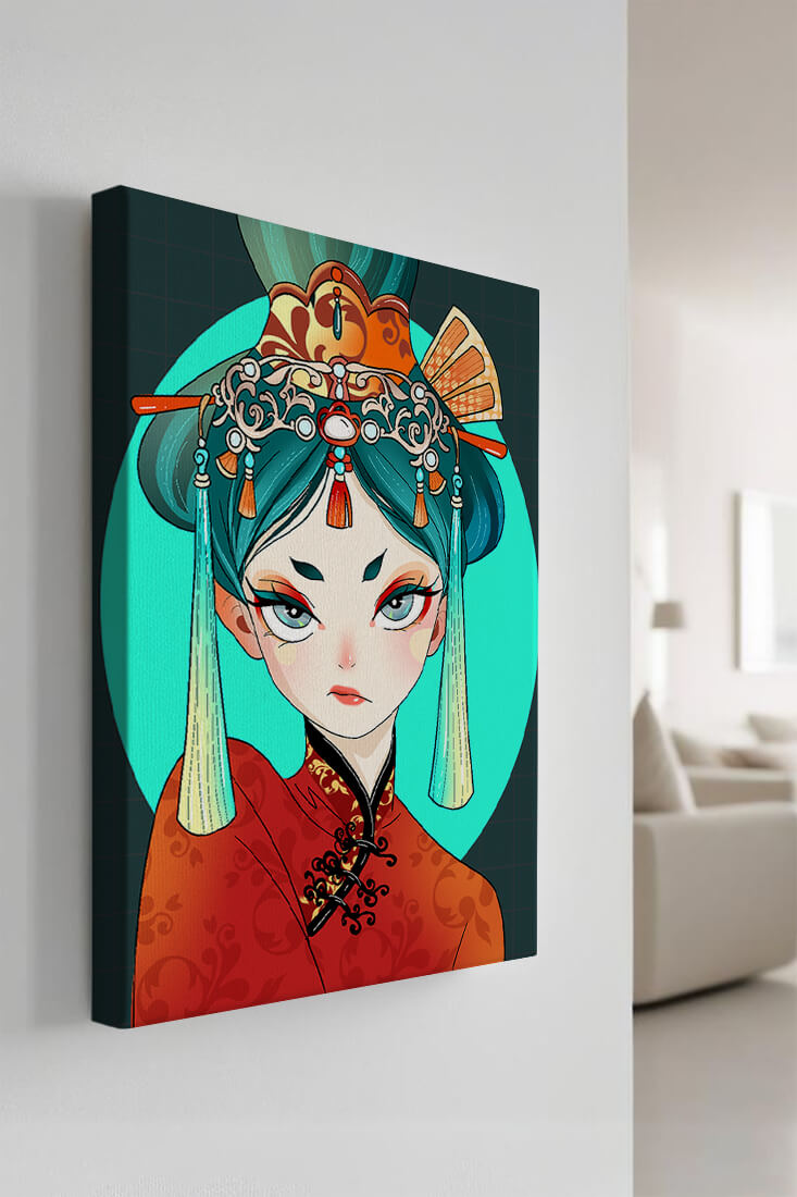 Elegant illustration of a woman in traditional attire with intricate headpiece
