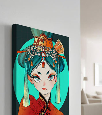 Elegant illustration of a woman in traditional attire with intricate headpiece