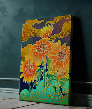 Vibrant sunflowers with intricate background patterns