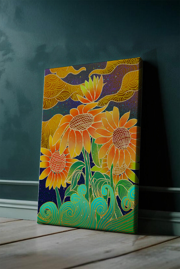 Vibrant sunflowers with intricate background patterns