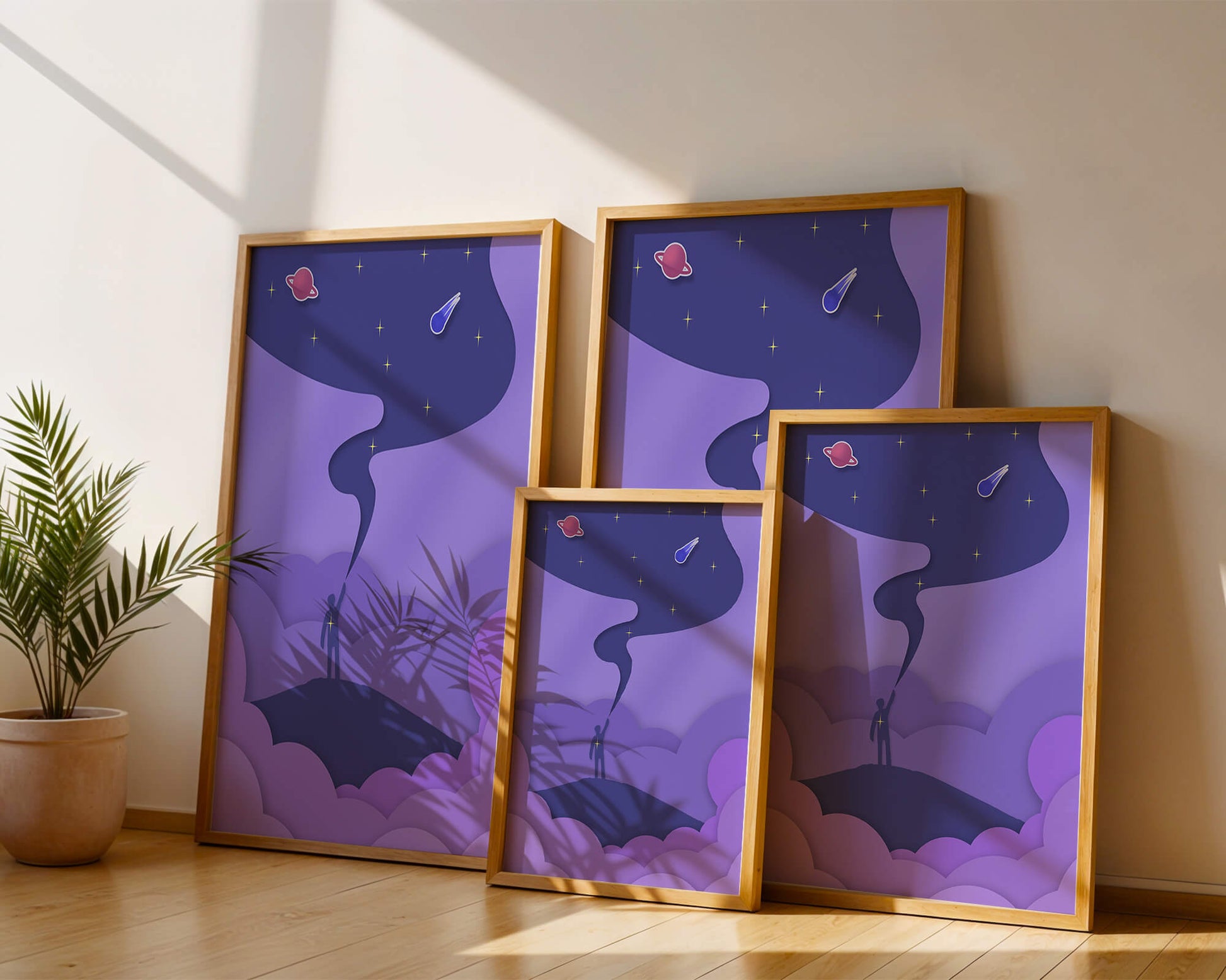 Silhouette in a cosmic landscape with stars and planets