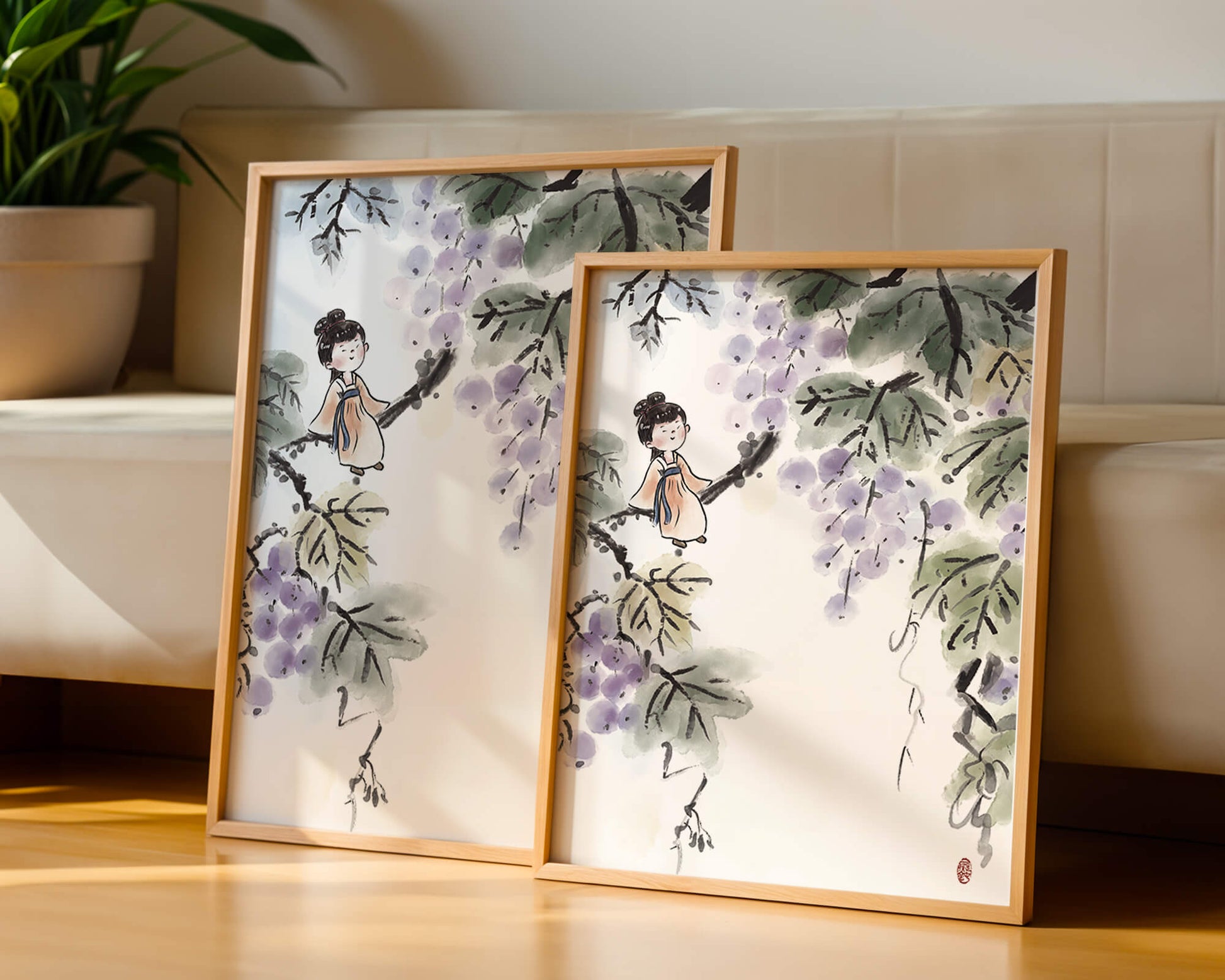 Una chica caprichosa sentada en una rama con bayas moradas y hojas verdes en estilo acuarela