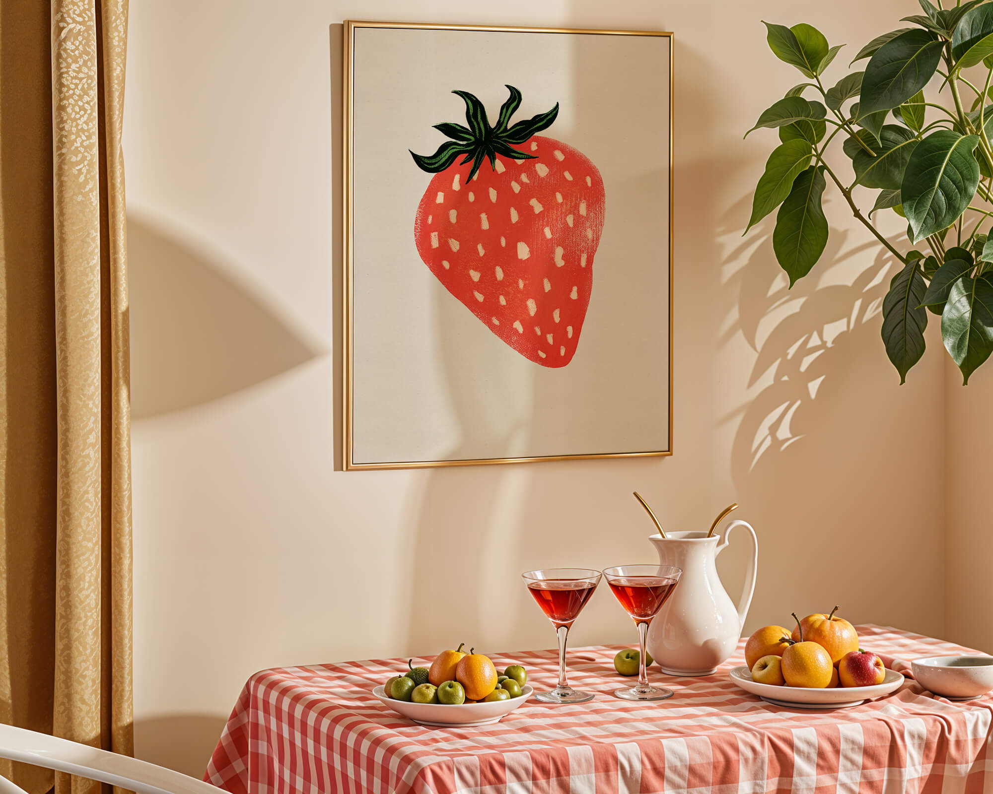 Illustrative design of a vibrant red strawberry with green leaves