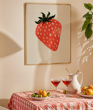 Illustrative design of a vibrant red strawberry with green leaves