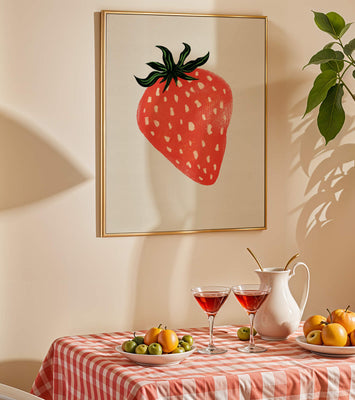 Illustrative design of a vibrant red strawberry with green leaves