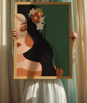 Elegante Illustration einer Frau mit floralem Haarteil