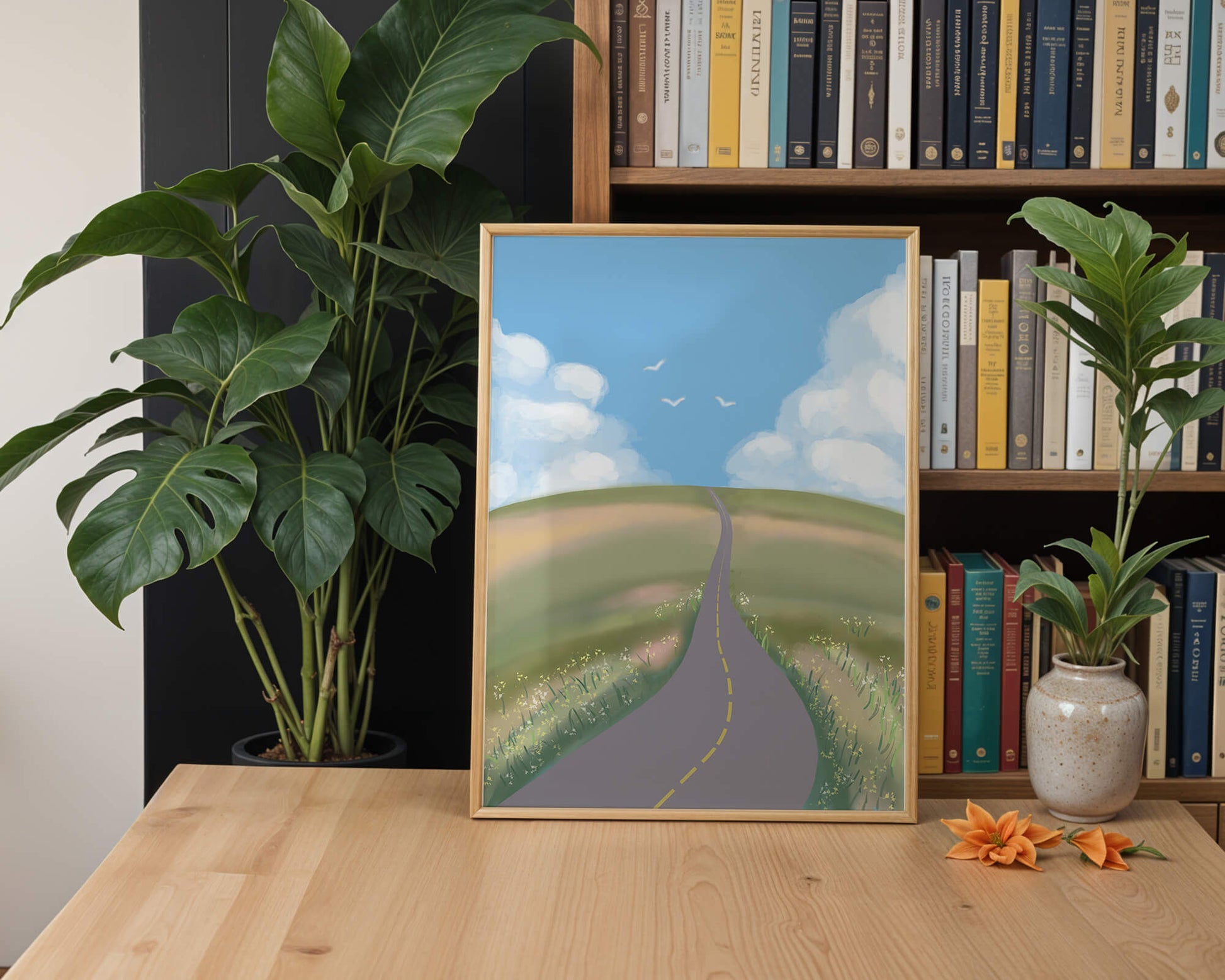 Serene countryside road with vibrant sky and rolling hills