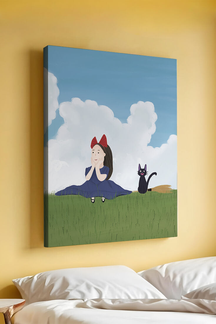 Girl with Red Bow and Cat in Lush Green Meadow