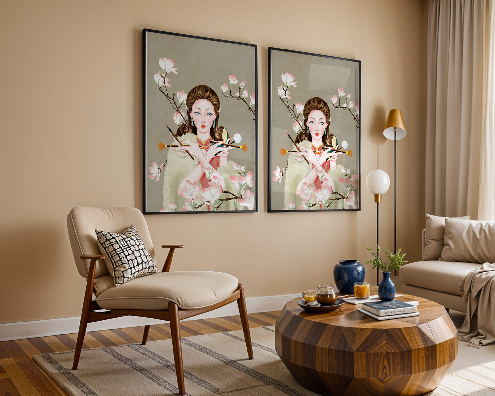 Elegant woman with makeup tools amidst blooming magnolia branches